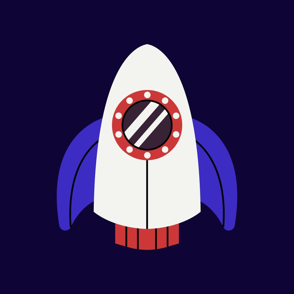 Cute rocket with fire, spaceship in outer space. Fantastic galaxy, cosmic rocketship, spacecraft in cosmos. Childish universe, space exploration. vector