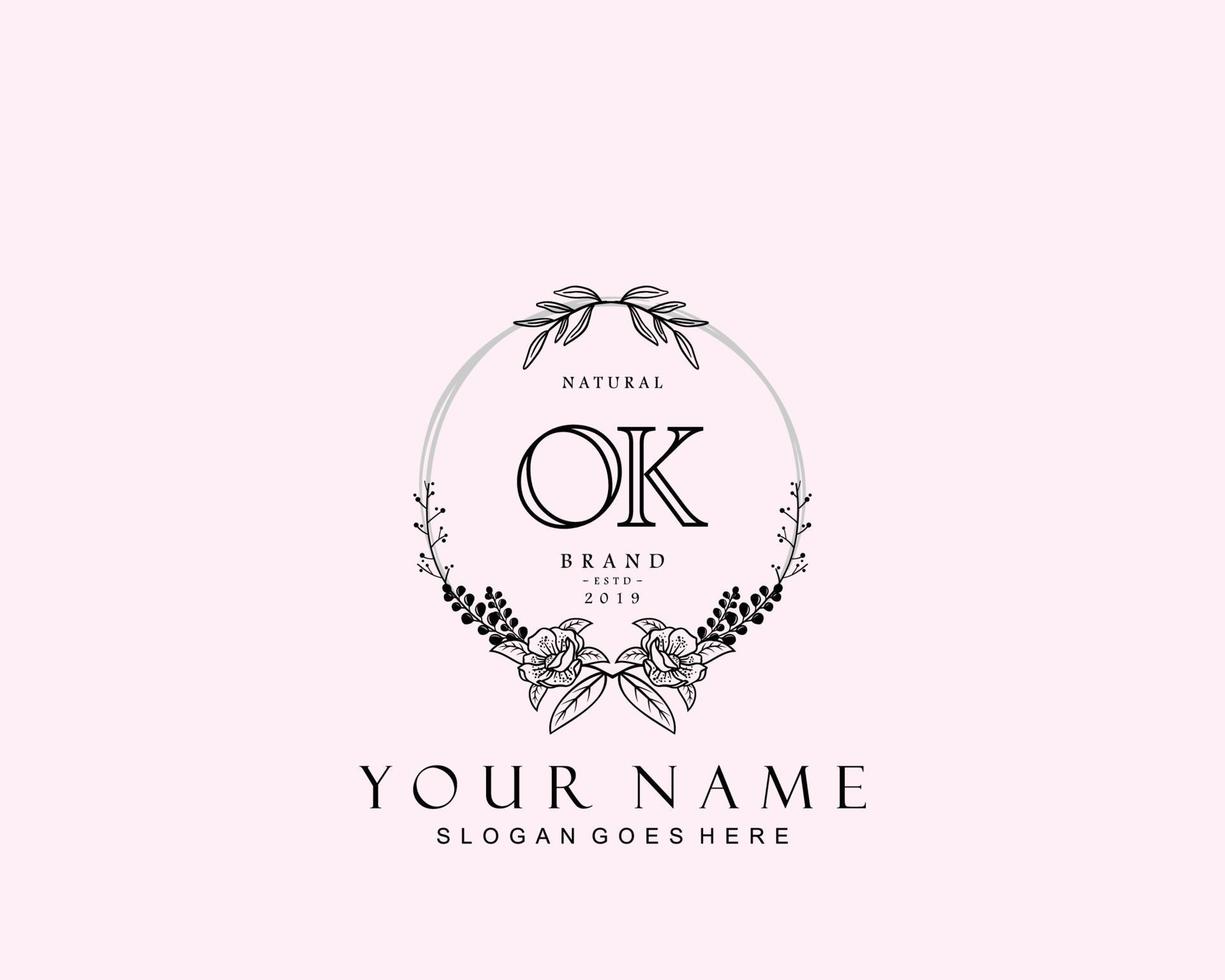 Initial OK beauty monogram and elegant logo design, handwriting logo of initial signature, wedding, fashion, floral and botanical with creative template. vector