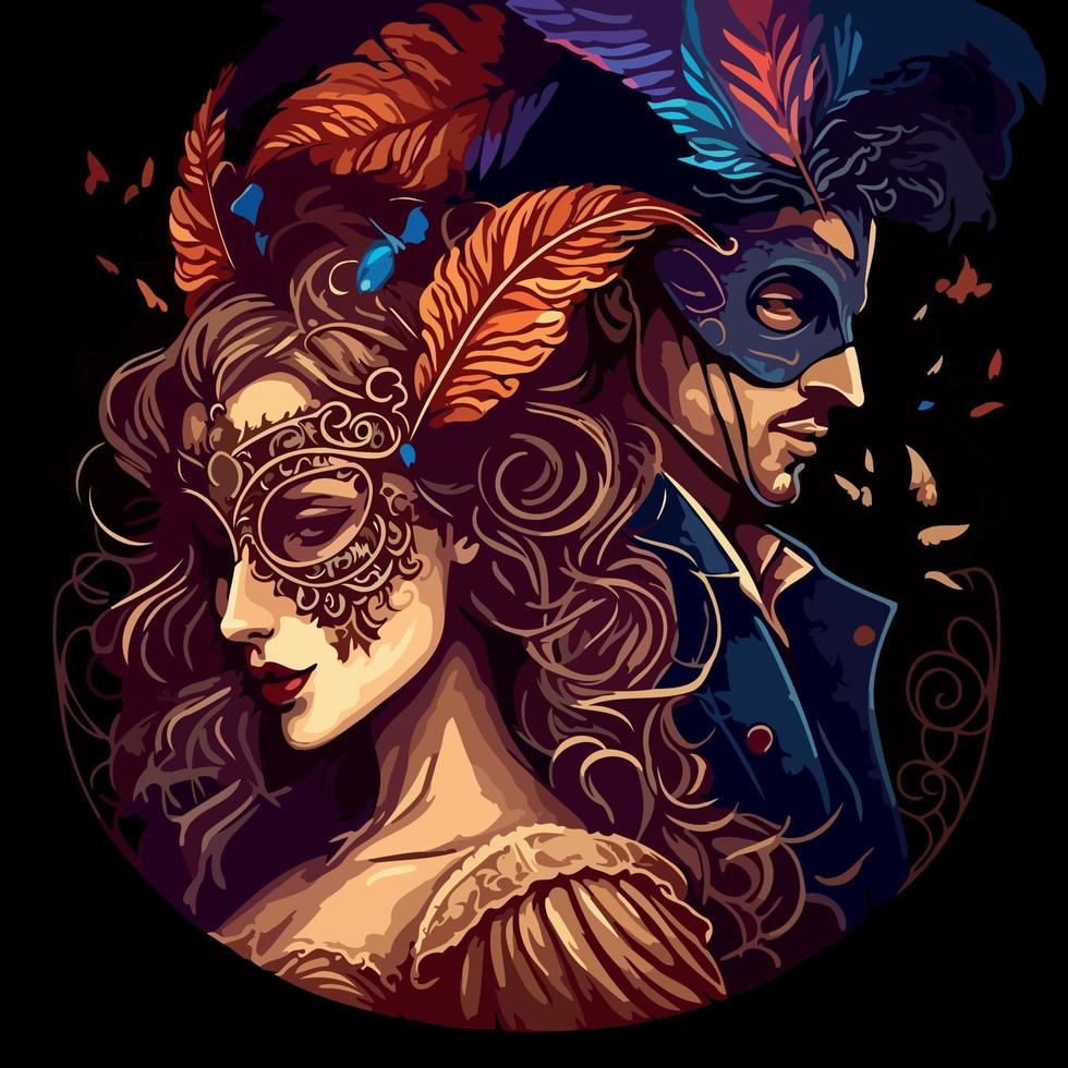 fictional characters stylishly dressed up for a masquerade wearing ornate Venetian masks vector