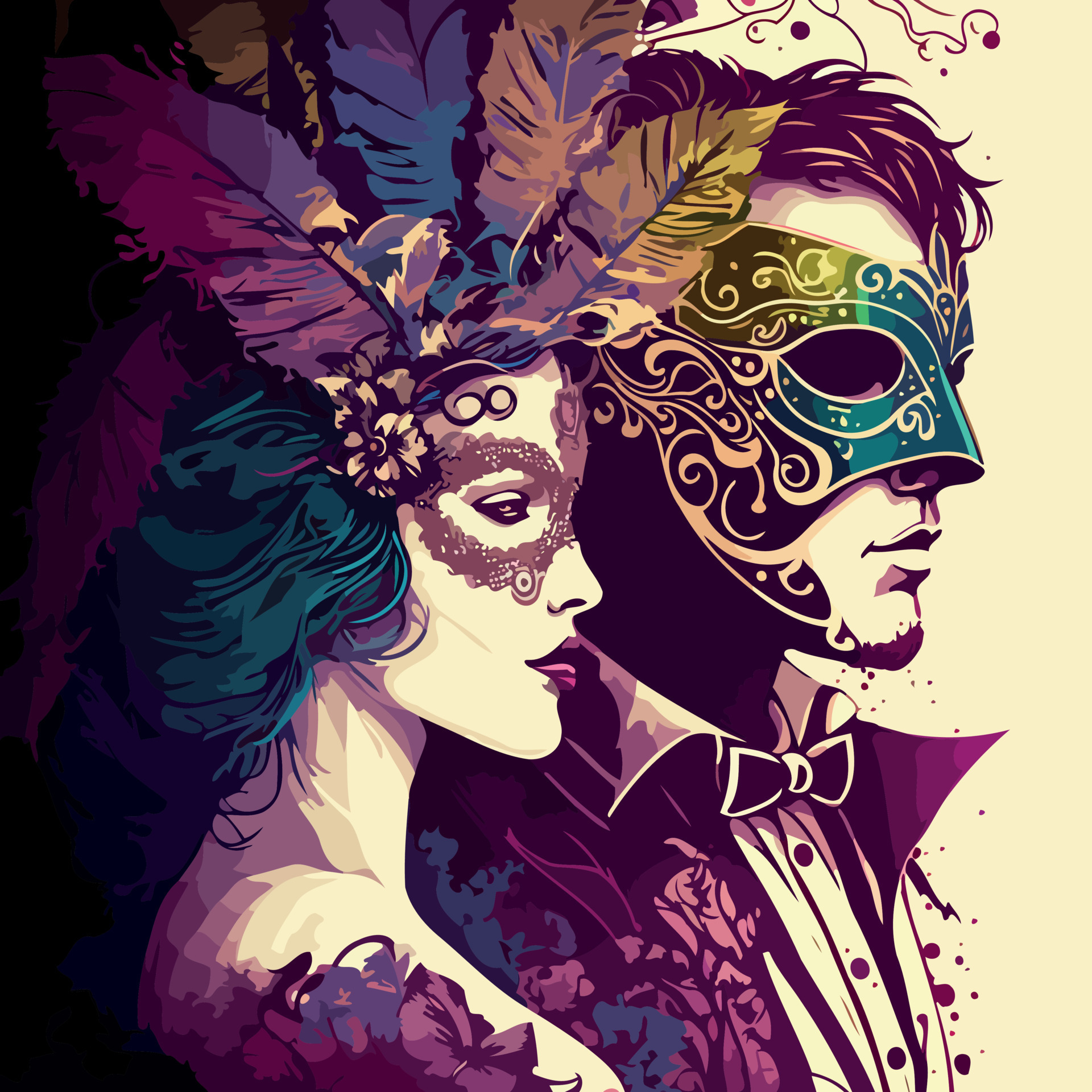 fictional characters stylishly dressed up for a masquerade wearing