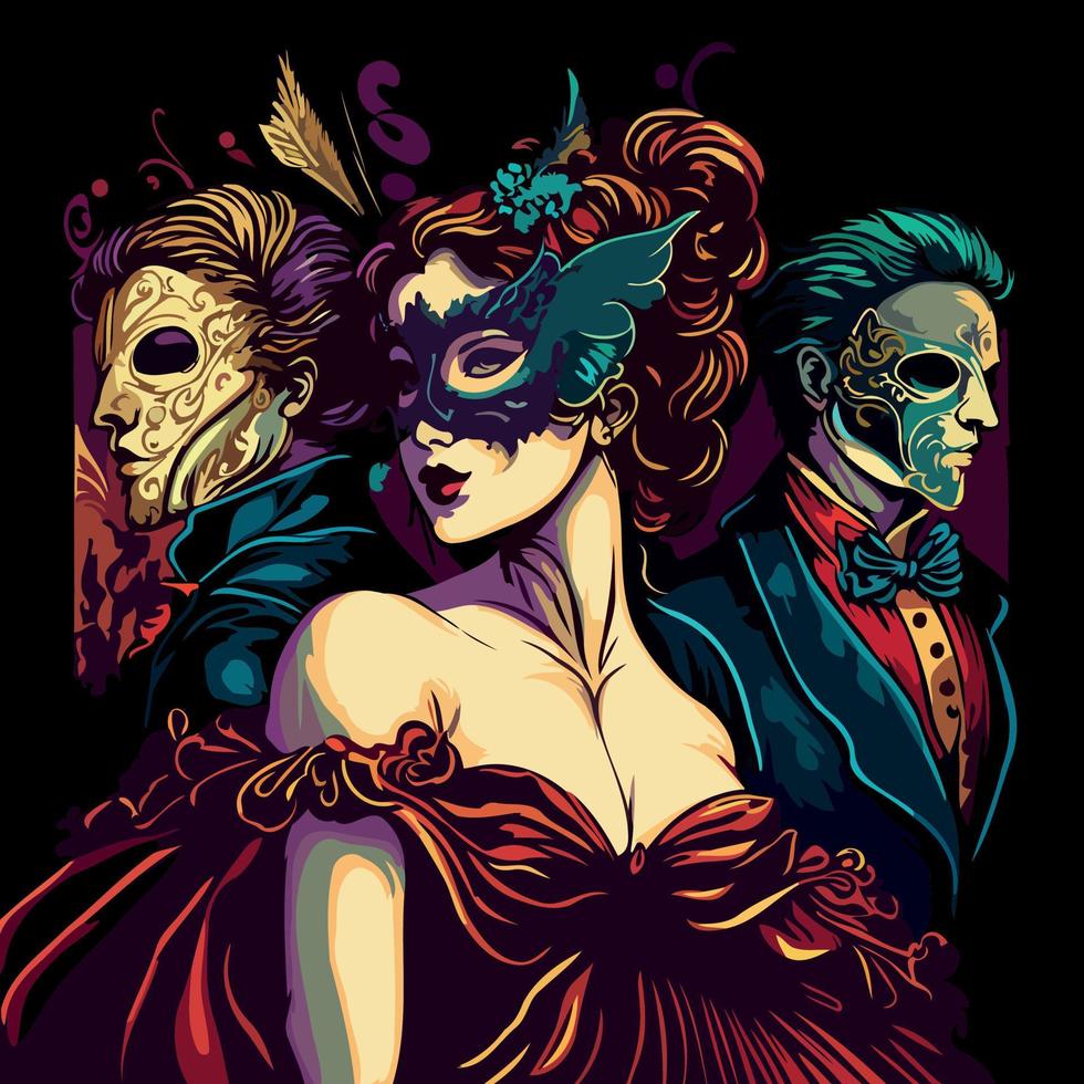 fictional characters stylishly dressed up for a masquerade wearing ornate Venetian masks vector