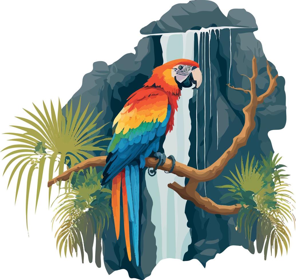 guacamayo posado en una rama con una cascada al fondo vector