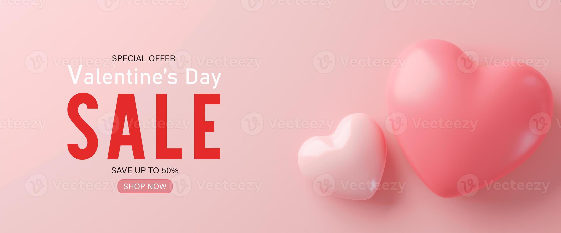 3d rendering.Valentines day sale with heart shaped balloons. Holiday illustration banner. for valentine and mother day design photo