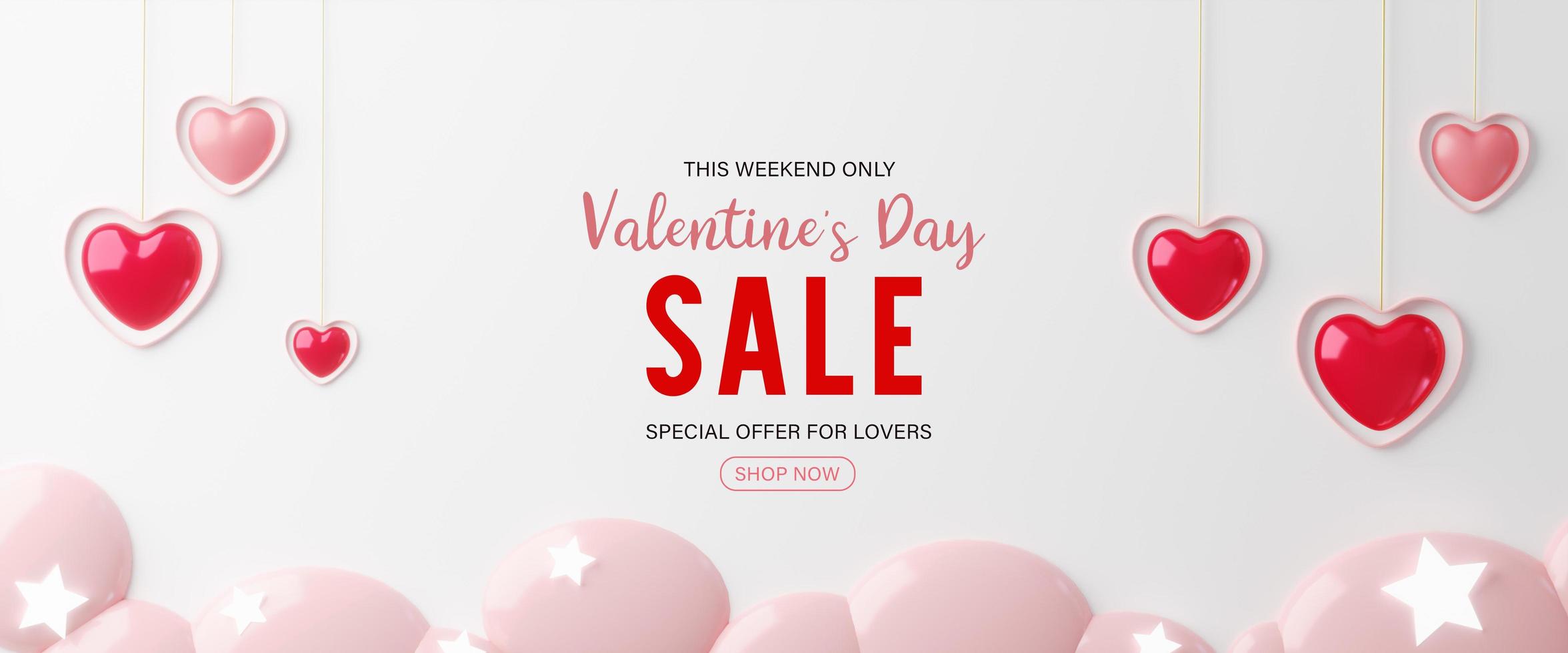 3d rendering.Valentines day sale background with Heart Balloons and clouds. Can be used for Wallpaper, flyers, invitation, posters, brochure, banners. photo