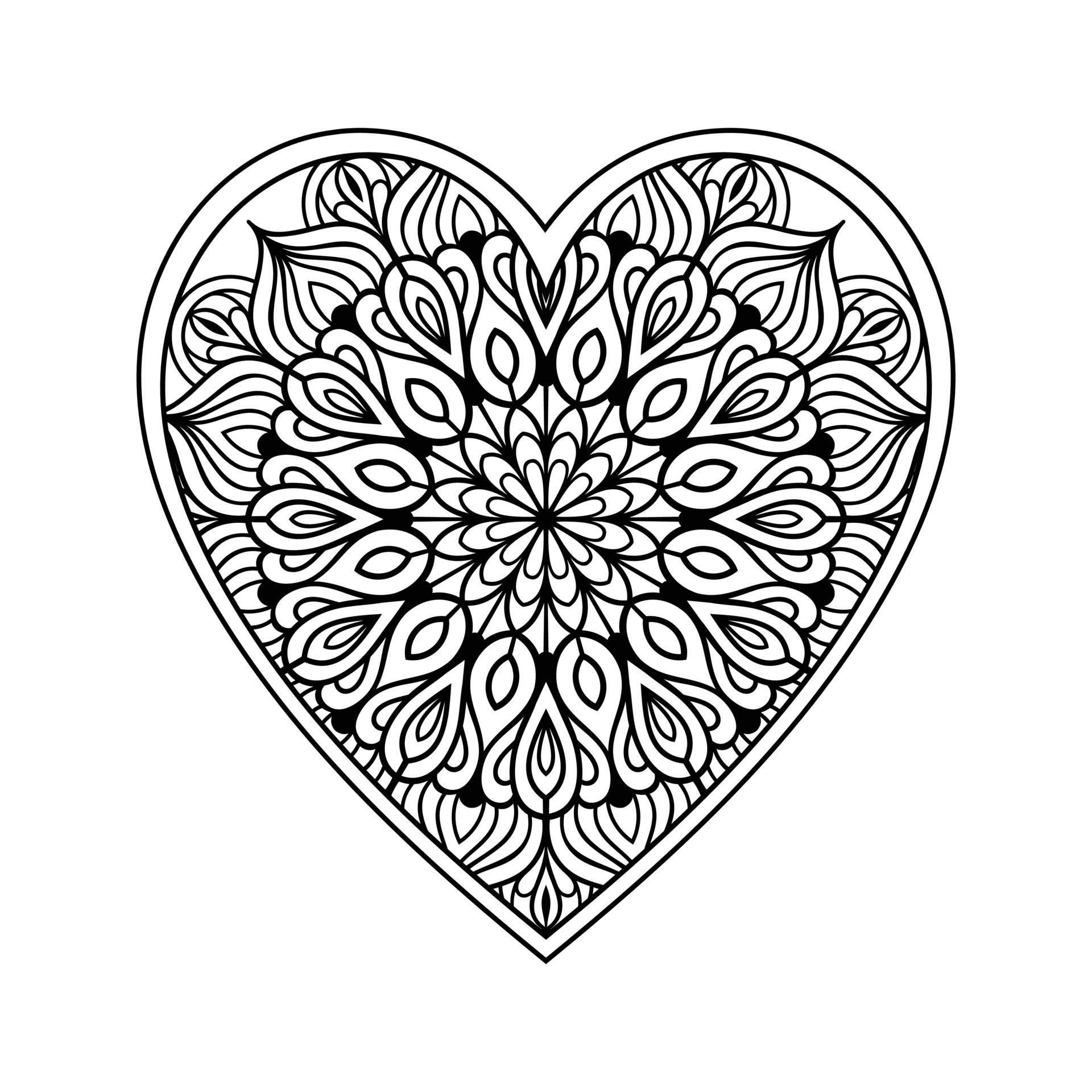 Heart mandala coloring page for adult, heart with floral mandala