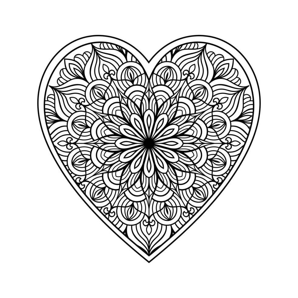 Heart mandala coloring page for adult, heart with floral mandala pattern art, heart shaped mandala floral pattern for coloring page, hand drawn heart floral mandala doodle for coloring book vector