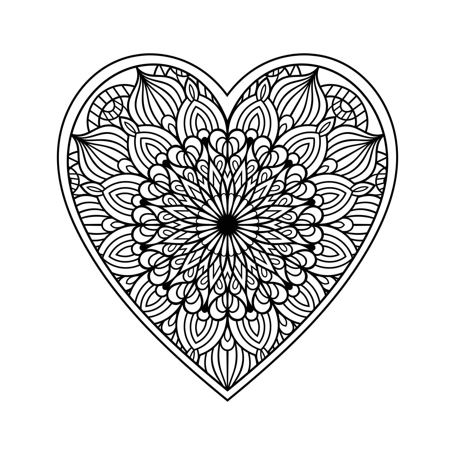 Heart mandala coloring page for adult, heart with floral mandala