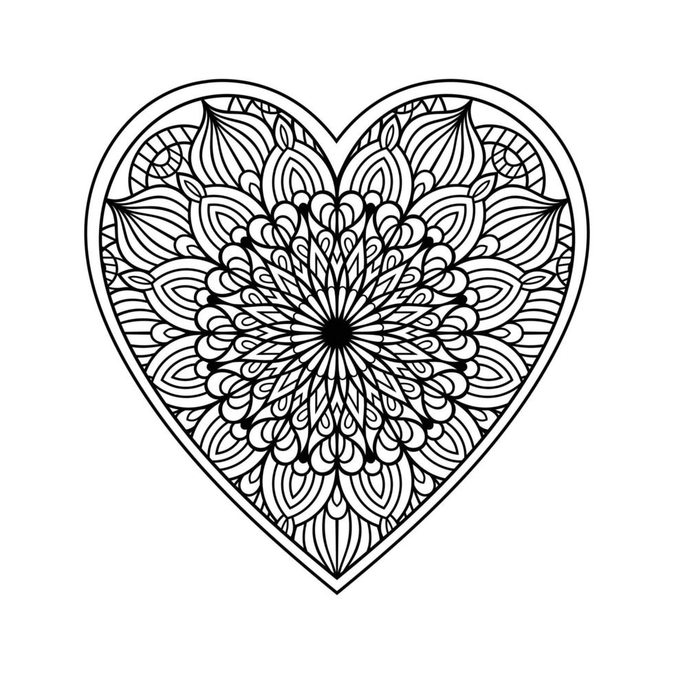 página para colorear de mandala de corazón para adultos, corazón con arte de patrón de mandala floral, patrón floral de mandala en forma de corazón para colorear página, garabato de mandala floral de corazón dibujado a mano para libro de colorear vector