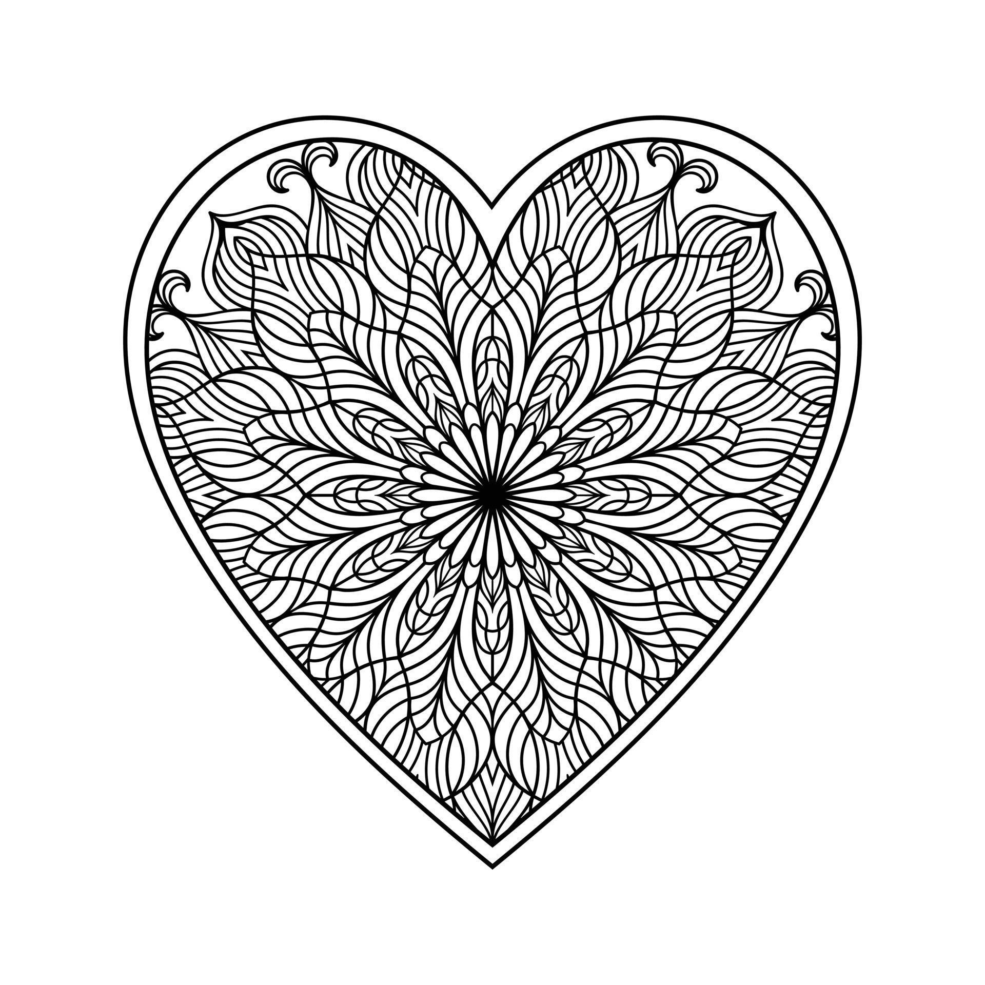 Heart mandala coloring page for adult, heart with floral mandala