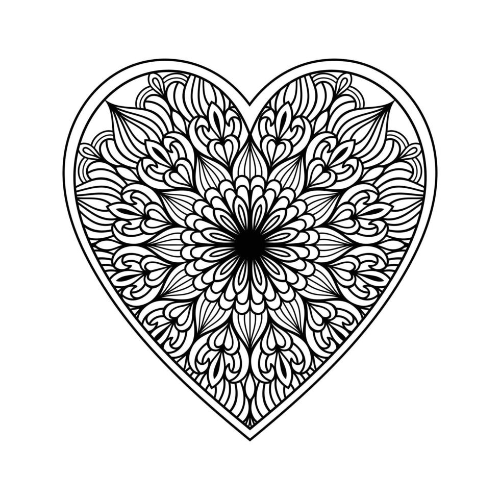 página para colorear de mandala de corazón para adultos, corazón con arte de patrón de mandala floral, patrón floral de mandala en forma de corazón para colorear página, garabato de mandala floral de corazón dibujado a mano para libro de colorear vector