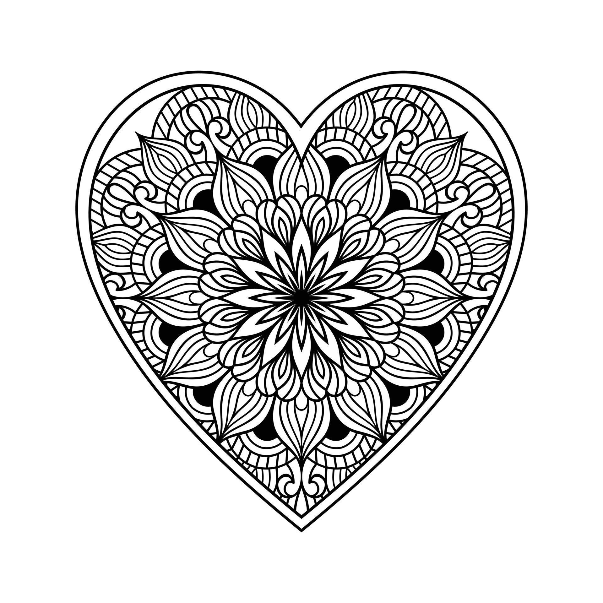 Heart mandala coloring page for adult, heart with floral mandala