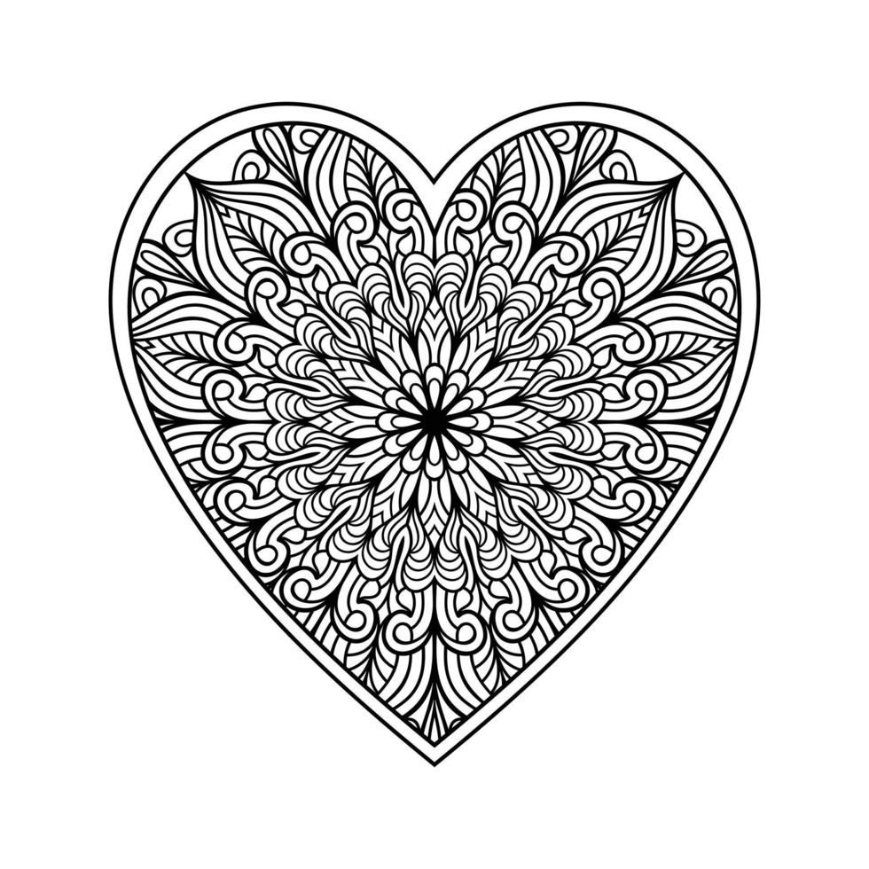 Heart mandala coloring page for adult, heart with floral mandala pattern art, heart shaped mandala floral pattern for coloring page, hand drawn heart floral mandala doodle for coloring book vector