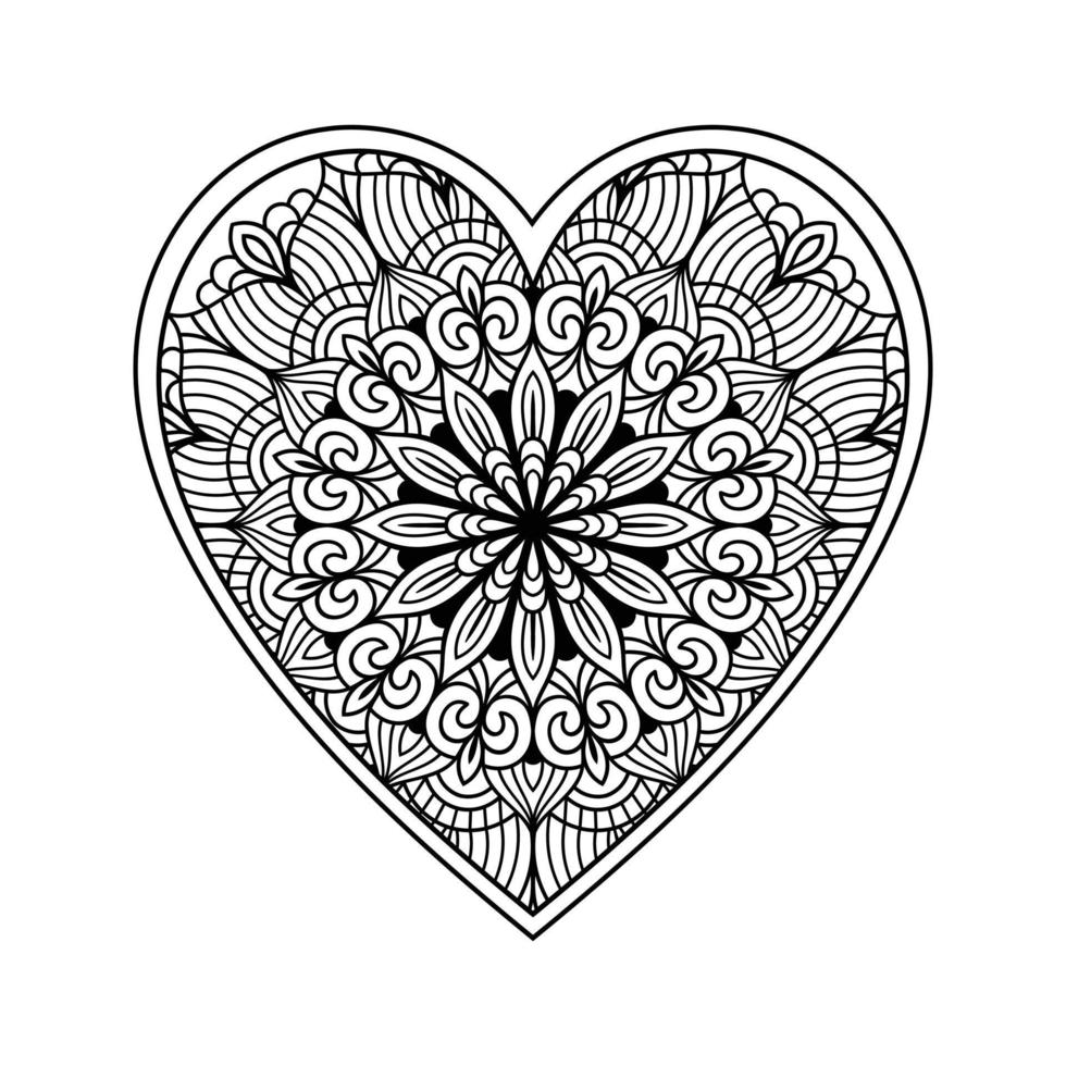 Heart mandala coloring page for adult, heart with floral mandala pattern art, heart shaped mandala floral pattern for coloring page, hand drawn heart floral mandala doodle for coloring book vector