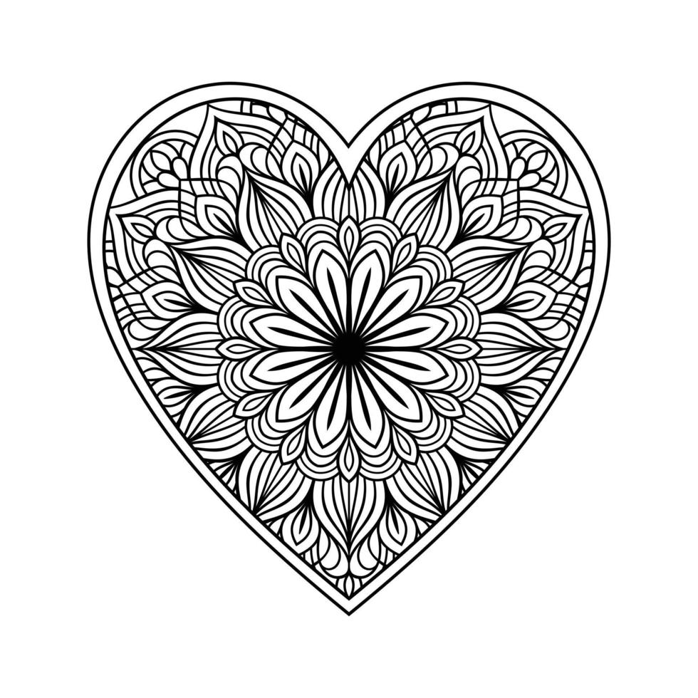 página para colorear de mandala de corazón para adultos, corazón con arte de patrón de mandala floral, patrón floral de mandala en forma de corazón para colorear página, garabato de mandala floral de corazón dibujado a mano para libro de colorear vector