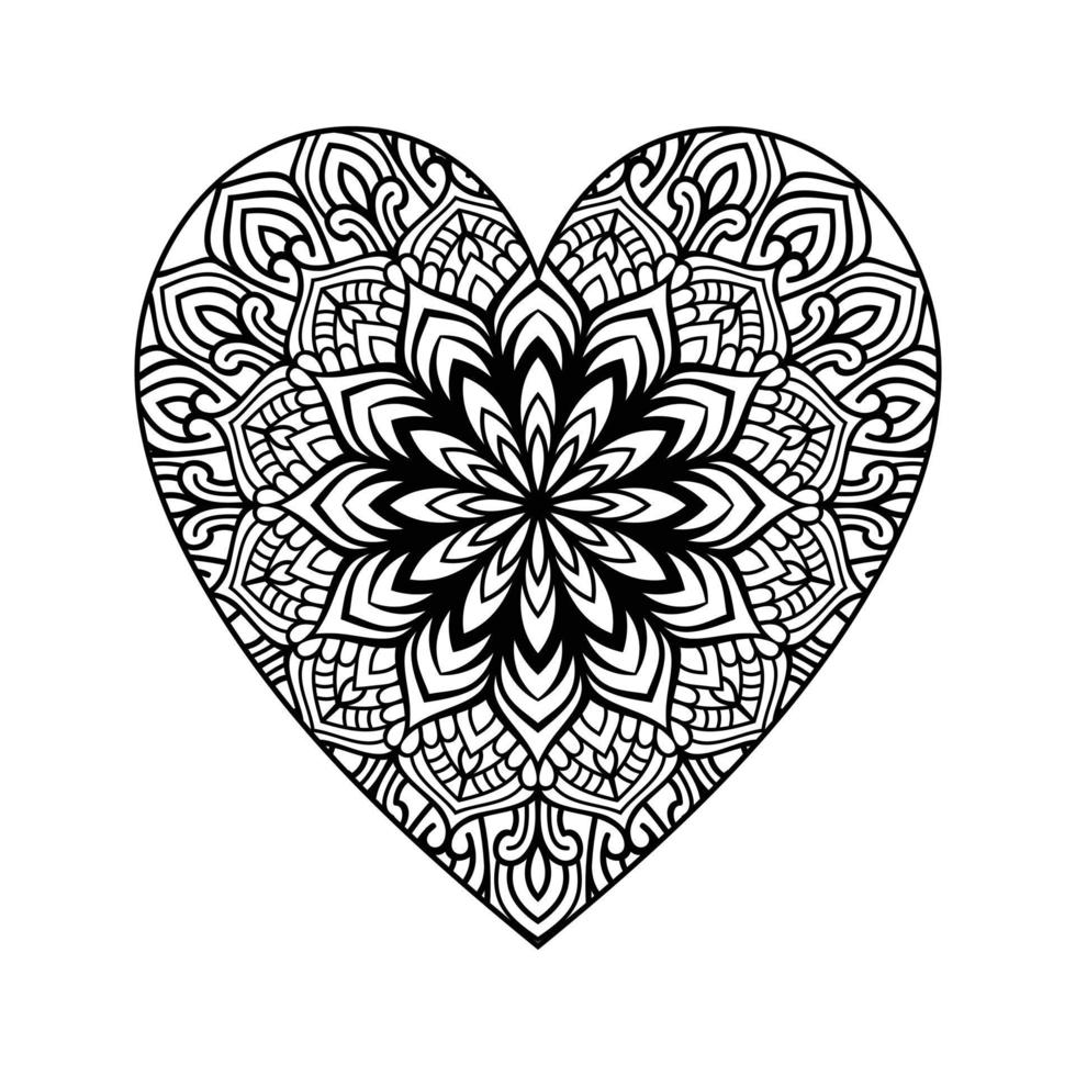 Heart shaped mandala floral pattern for coloring book, heart with floral mandala pattern, hand drawn heart floral mandala doodle, heart mandala coloring page for adult vector