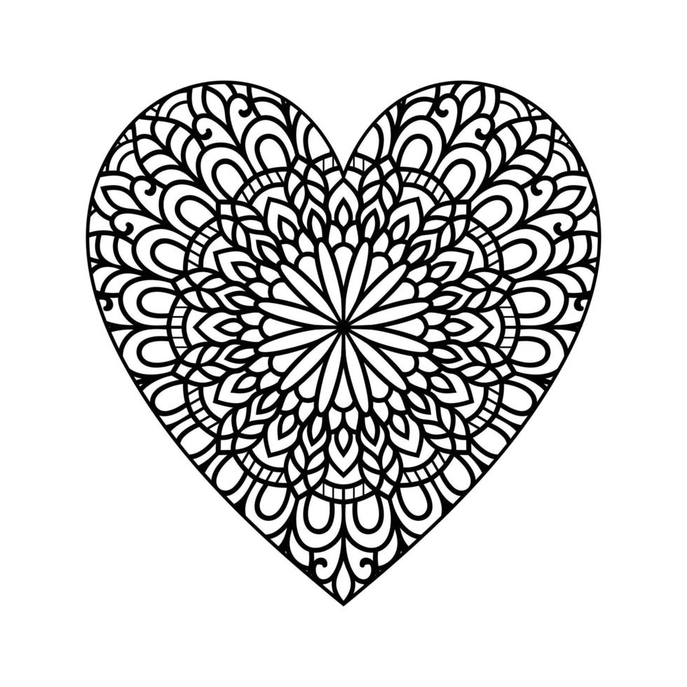 Heart shaped mandala floral pattern for coloring book, heart with floral mandala pattern, hand drawn heart floral mandala doodle, heart mandala coloring page for adult vector