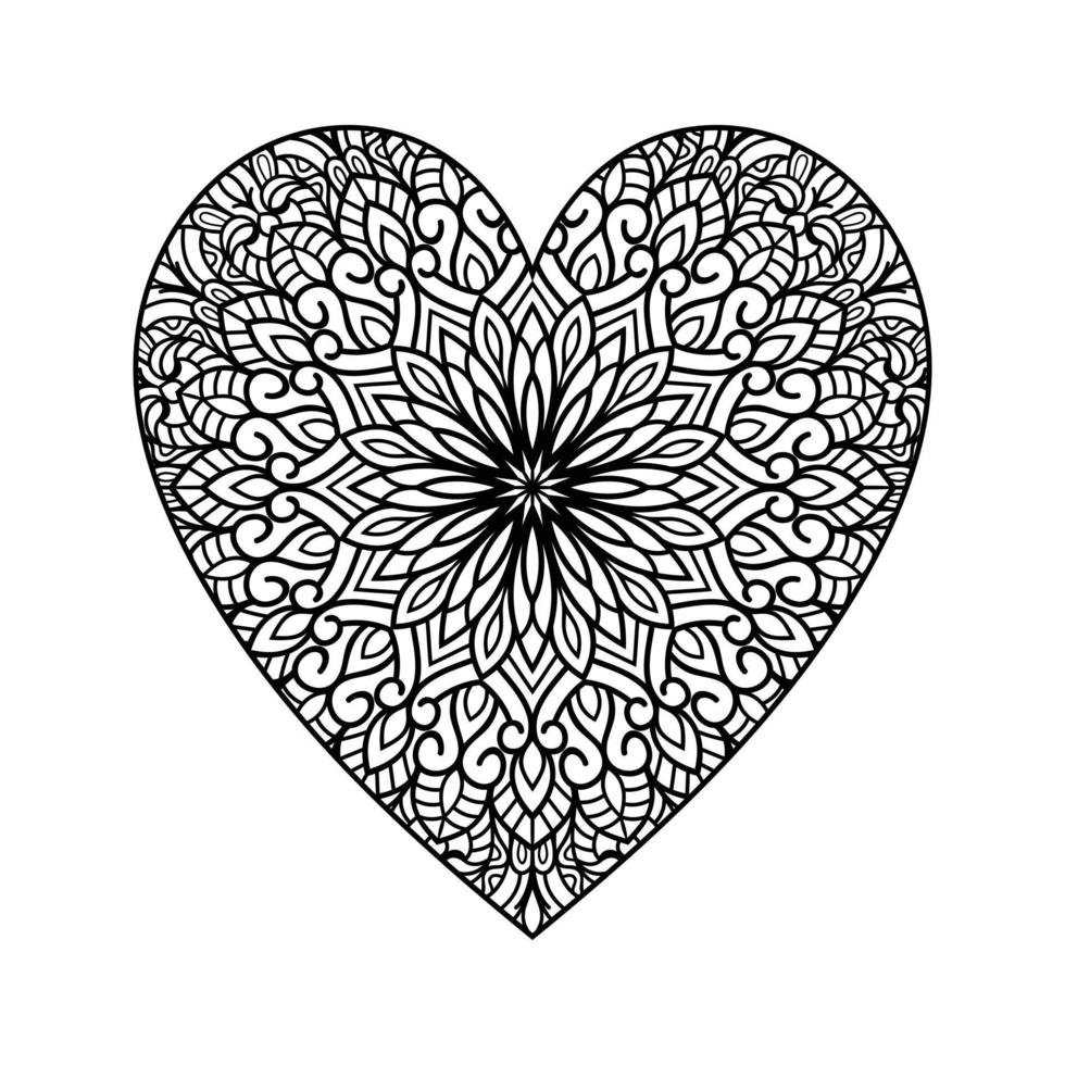 Heart shaped mandala floral pattern for coloring book, heart with floral mandala pattern, hand drawn heart floral mandala doodle, heart mandala coloring page for adult vector