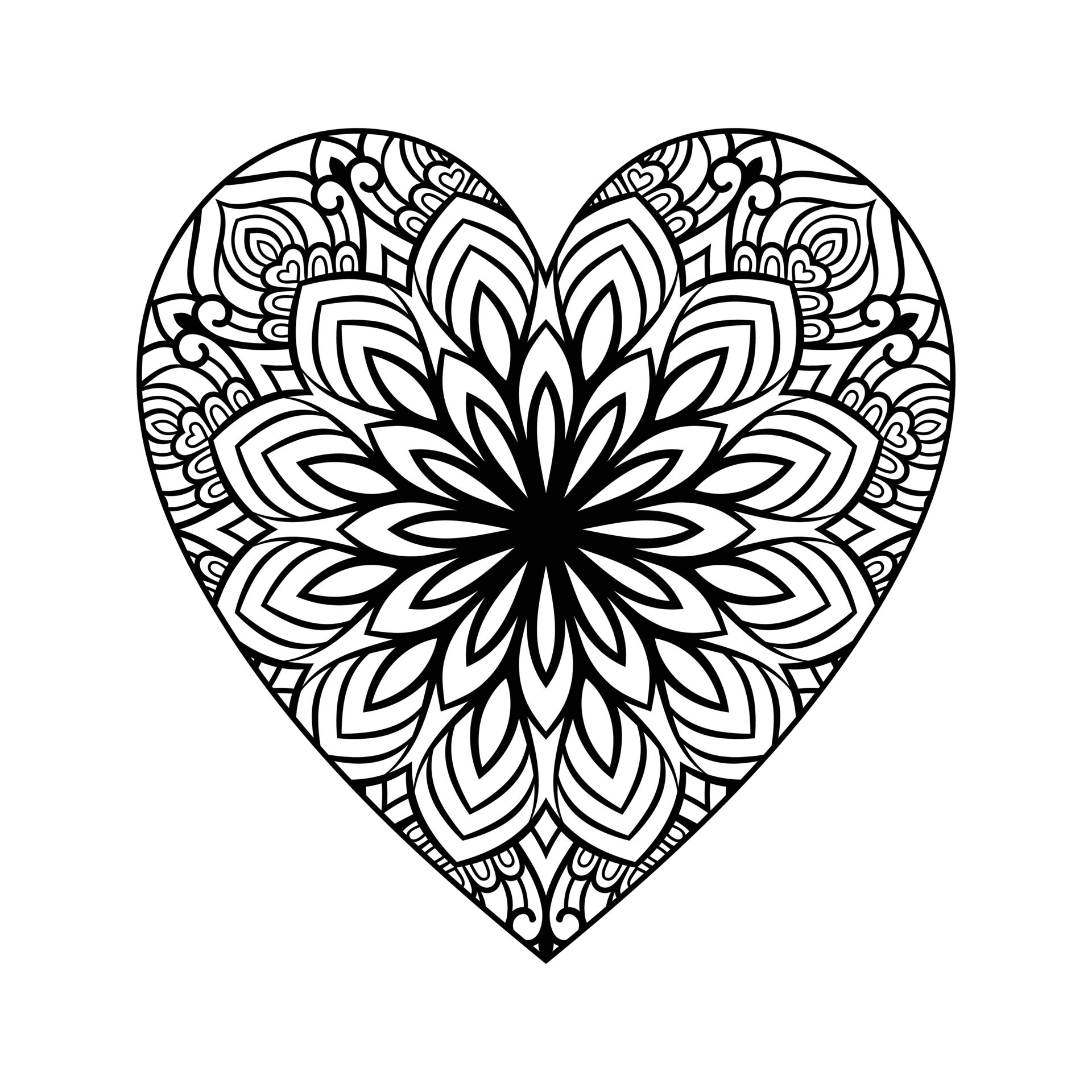 Heart shaped mandala floral pattern for coloring book, heart with