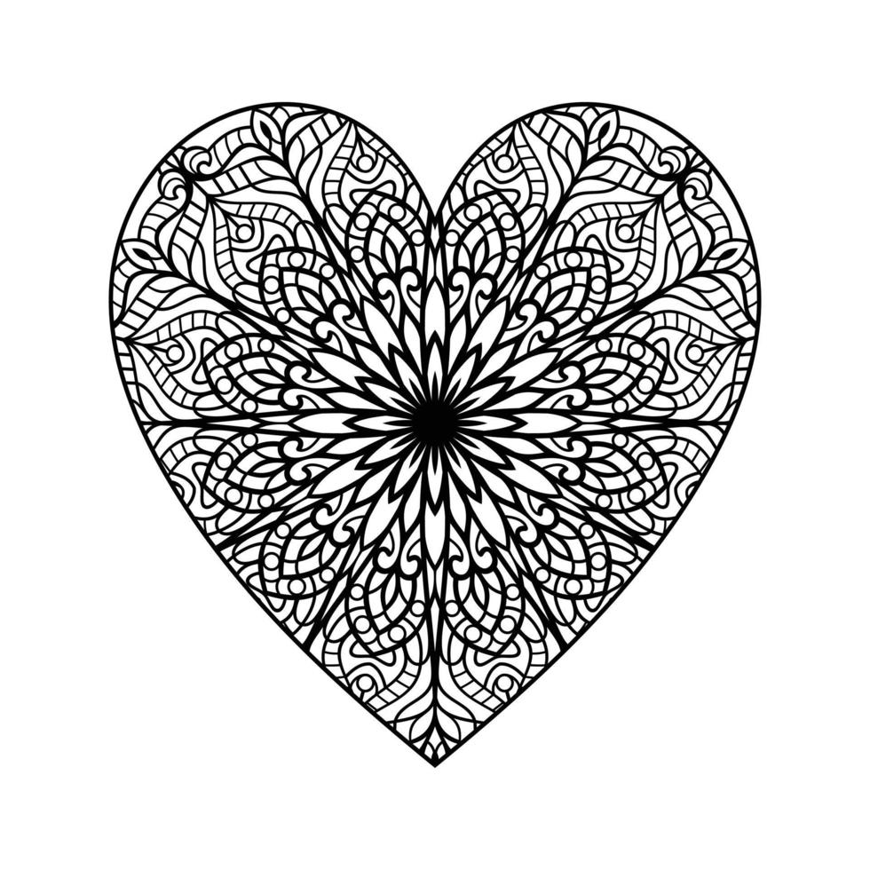Heart shaped mandala floral pattern for coloring book, heart with floral mandala pattern, hand drawn heart floral mandala doodle, heart mandala coloring page for adult vector