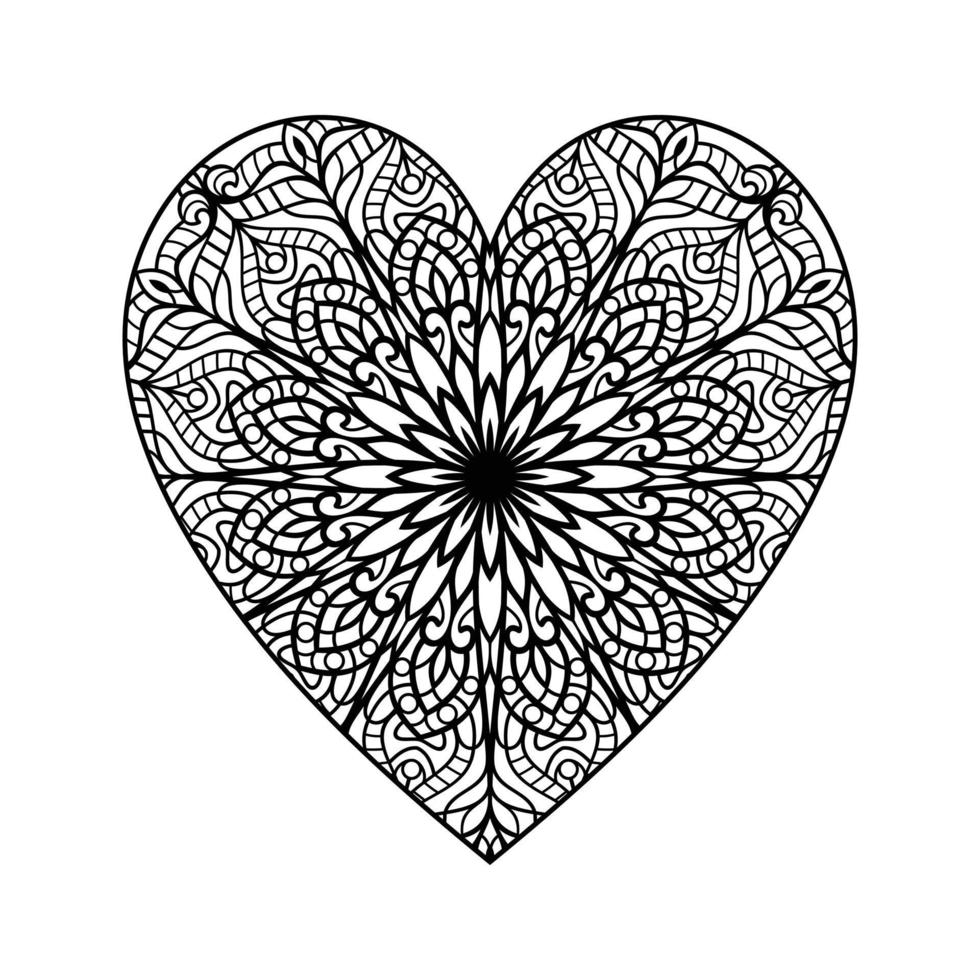 patrón floral de mandala en forma de corazón para colorear libro, corazón con patrón de mandala floral, garabato de mandala floral de corazón dibujado a mano, página de color de mandala de corazón para adultos vector