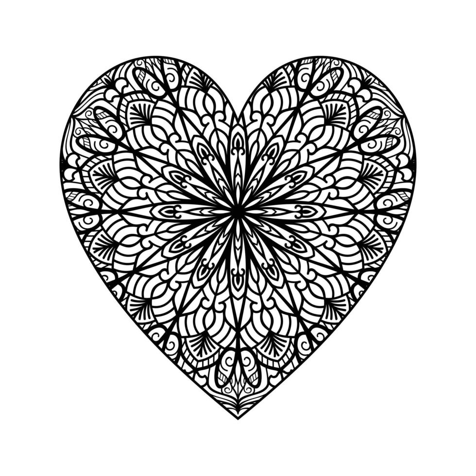 Heart shaped mandala floral pattern for coloring book, heart with floral mandala pattern, hand drawn heart floral mandala doodle, heart mandala coloring page for adult vector