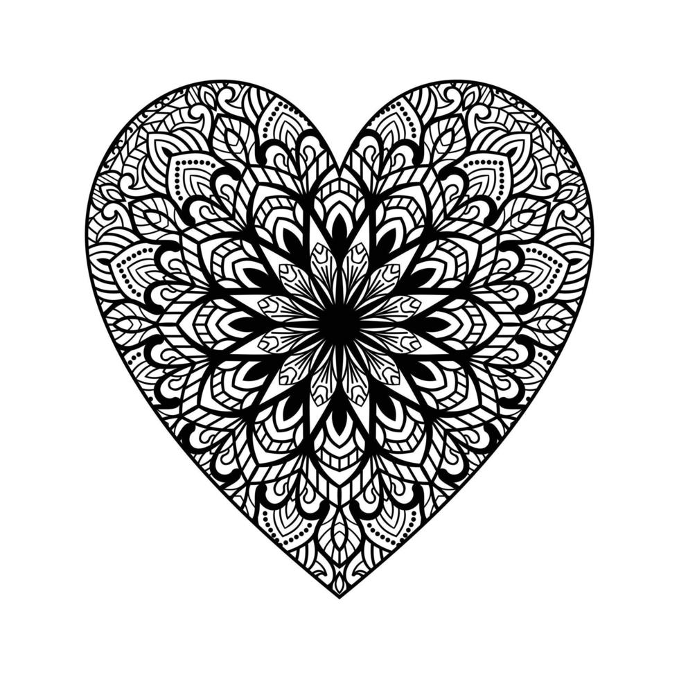 patrón floral de mandala en forma de corazón para colorear libro, corazón con patrón de mandala floral, garabato de mandala floral de corazón dibujado a mano, página de color de mandala de corazón para adultos vector