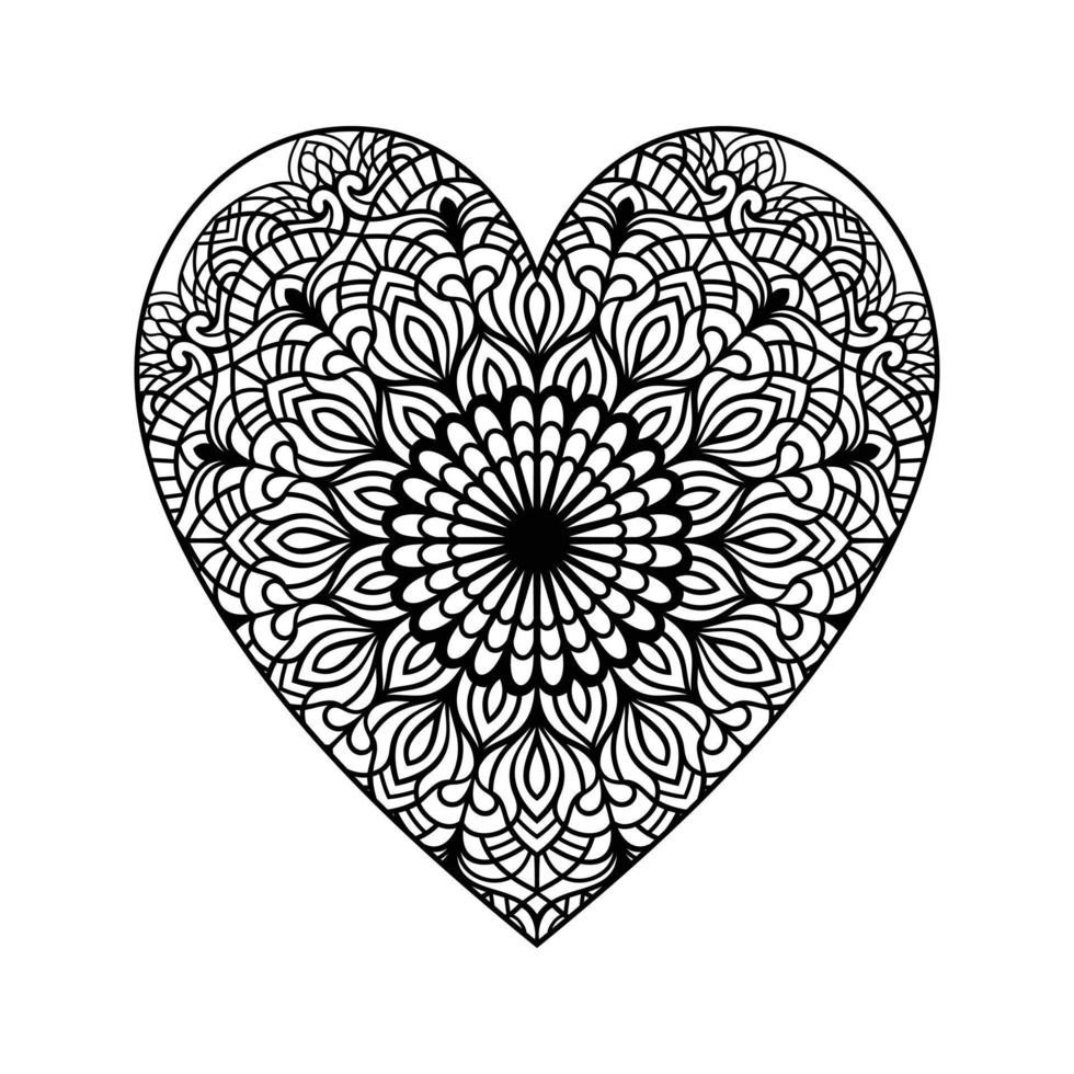 Heart with floral mandala pattern, heart shaped mandala floral pattern for coloring book, hand drawn heart floral mandala doodle, heart mandala coloring page for adult vector