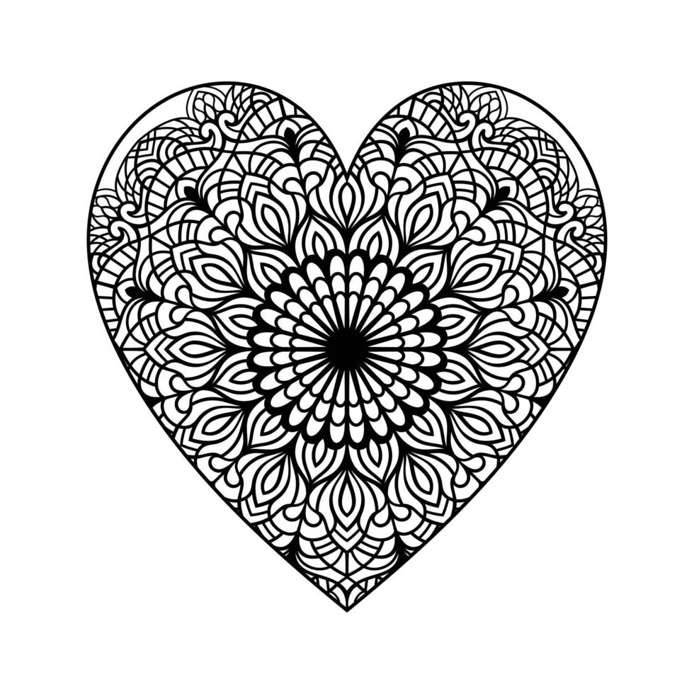 Heart with floral mandala pattern, heart shaped mandala floral pattern for coloring book, hand drawn heart floral mandala doodle, heart mandala coloring page for adult vector