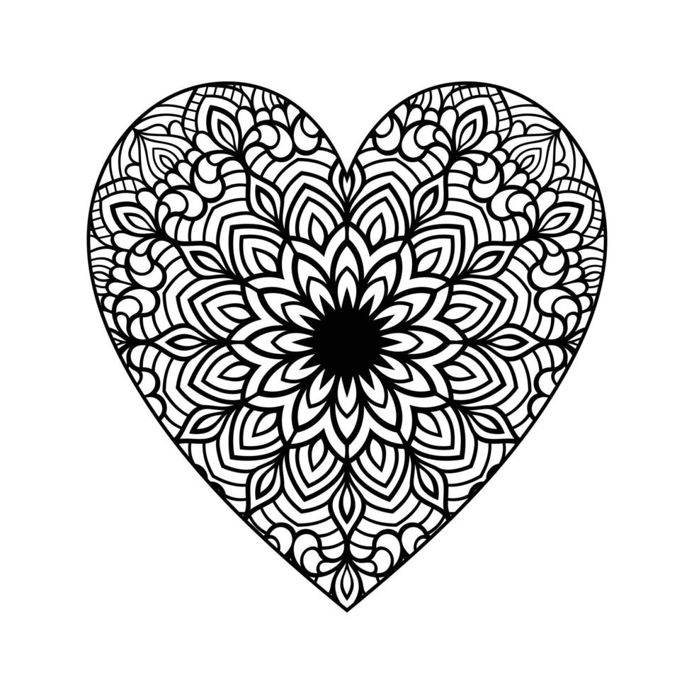 Heart with floral mandala pattern, heart shaped mandala floral pattern for coloring book, hand drawn heart floral mandala doodle, heart mandala coloring page for adult vector