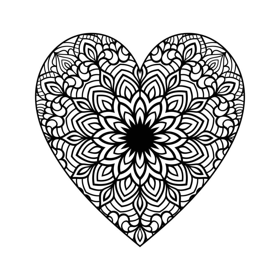 Heart with floral mandala pattern, heart shaped mandala floral pattern for coloring book, hand drawn heart floral mandala doodle, heart mandala coloring page for adult vector