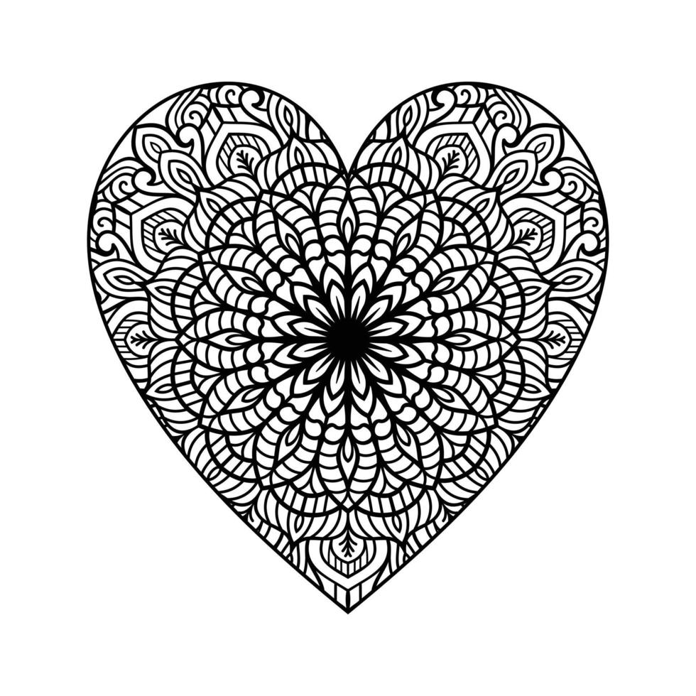 Heart with floral mandala pattern, heart shaped mandala floral pattern for coloring book, hand drawn heart floral mandala doodle, heart mandala coloring page for adult vector