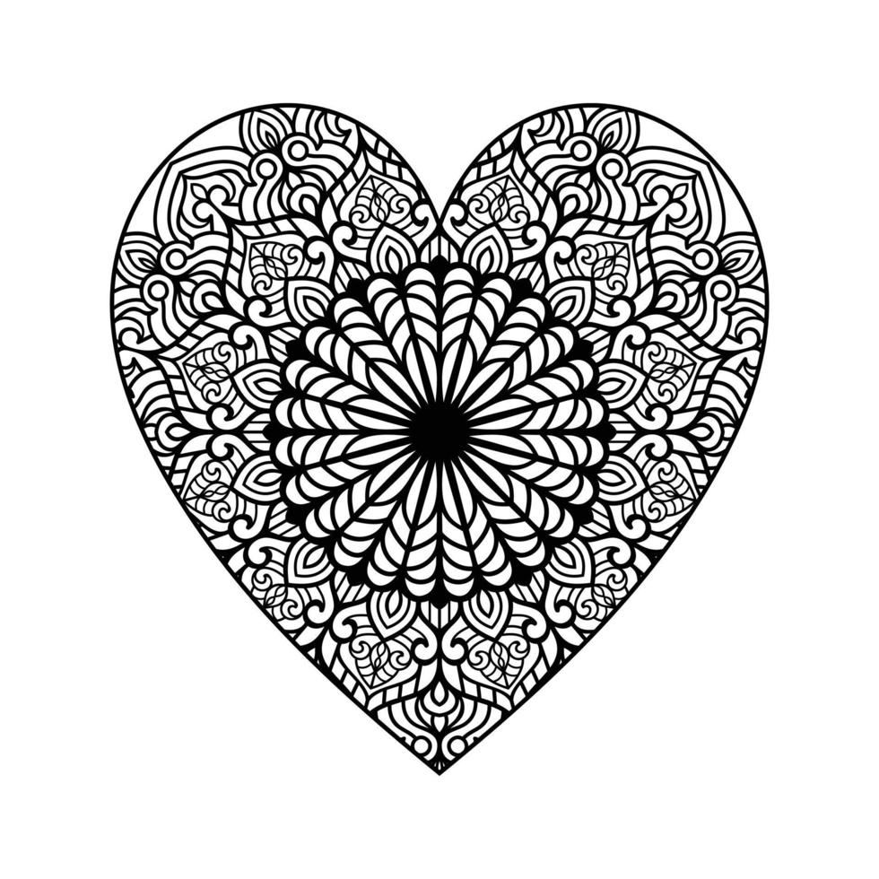 Heart with floral mandala pattern, heart shaped mandala floral pattern for coloring book, hand drawn heart floral mandala doodle, heart mandala coloring page for adult vector