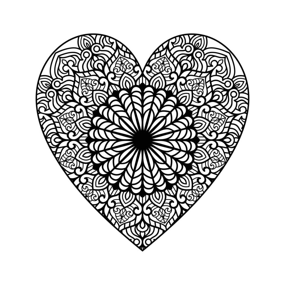 Heart with floral mandala pattern, heart shaped mandala floral pattern for coloring book, hand drawn heart floral mandala doodle, heart mandala coloring page for adult vector