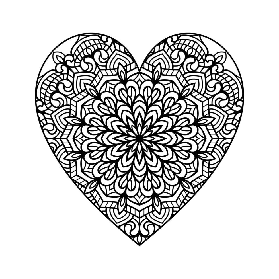 Heart with floral mandala pattern, heart shaped mandala floral pattern for coloring book, hand drawn heart floral mandala doodle, heart mandala coloring page for adult vector