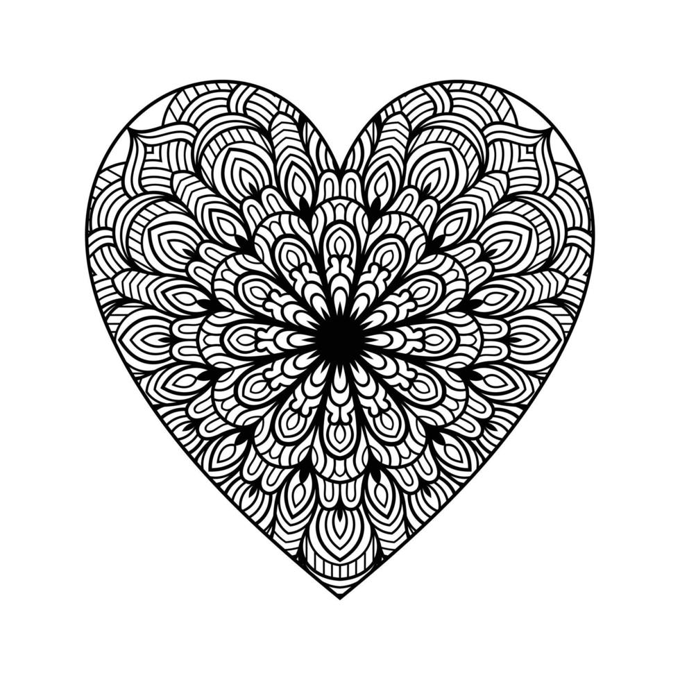 Heart shaped mandala floral pattern for coloring book, heart with floral mandala pattern, hand drawn heart floral mandala doodle, heart mandala coloring page for adult vector