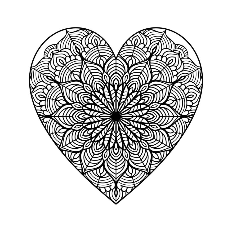 Heart with floral mandala pattern, heart shaped mandala floral pattern for coloring book, hand drawn heart floral mandala doodle, heart mandala coloring page for adult vector