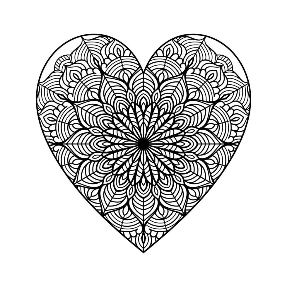 corazón con patrón de mandala floral, patrón floral de mandala en forma de corazón para colorear libro, garabato de mandala floral de corazón dibujado a mano, página de color de mandala de corazón para adultos vector