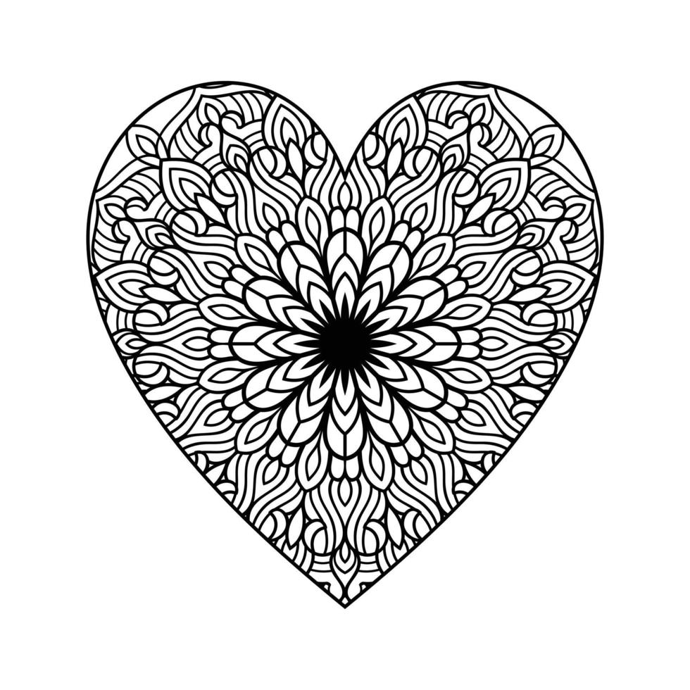 Heart with floral mandala pattern, heart shaped mandala floral pattern for coloring book, hand drawn heart floral mandala doodle, heart mandala coloring page for adult vector