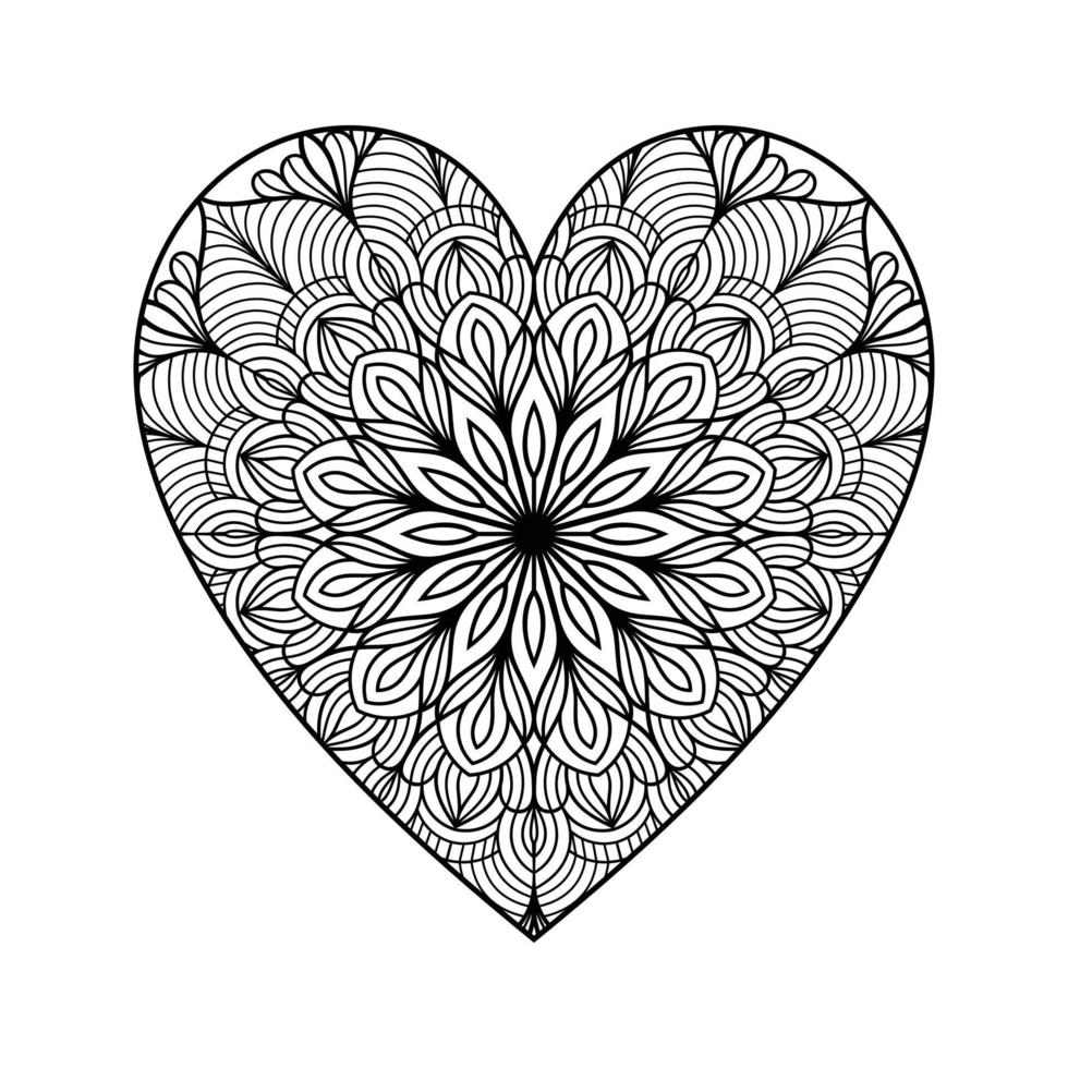 corazón con patrón de mandala floral, patrón floral de mandala en forma de corazón para colorear libro, garabato de mandala floral de corazón dibujado a mano, página de color de mandala de corazón para adultos vector