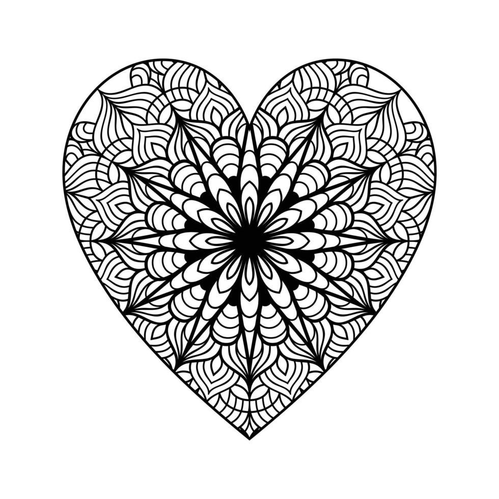 Heart with floral mandala pattern, heart shaped mandala floral pattern for coloring book, hand drawn heart floral mandala doodle, heart mandala coloring page for adult vector