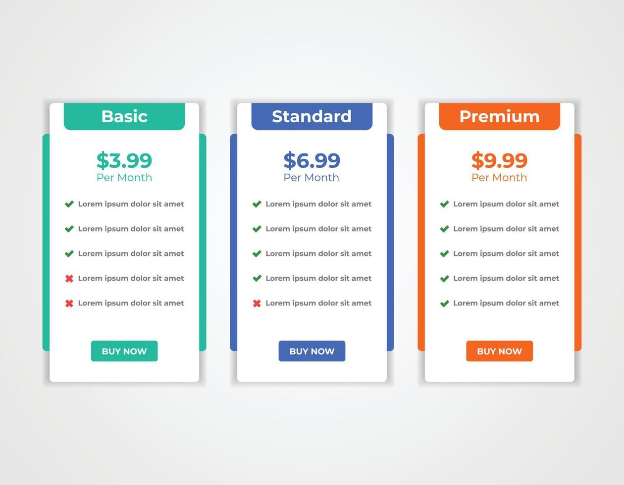 tabla de precios web moderna, plantilla de diseño de diseño de opción de plan de suscripción de gráfico de comparación de precios vector