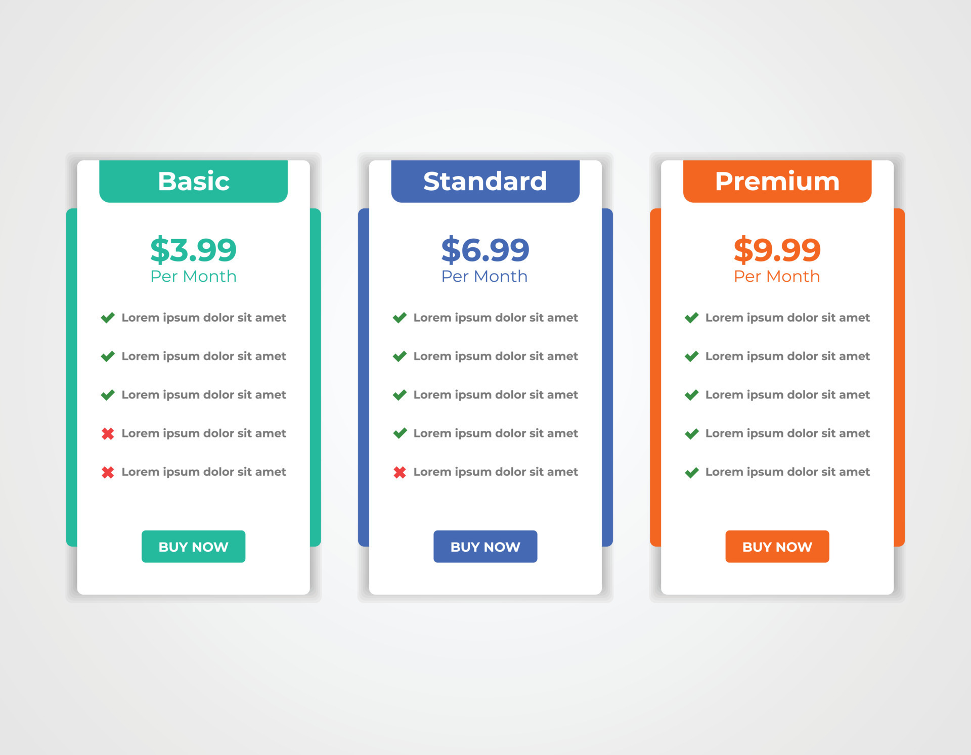 Modern web pricing table, pricing comparison chart subscription plan