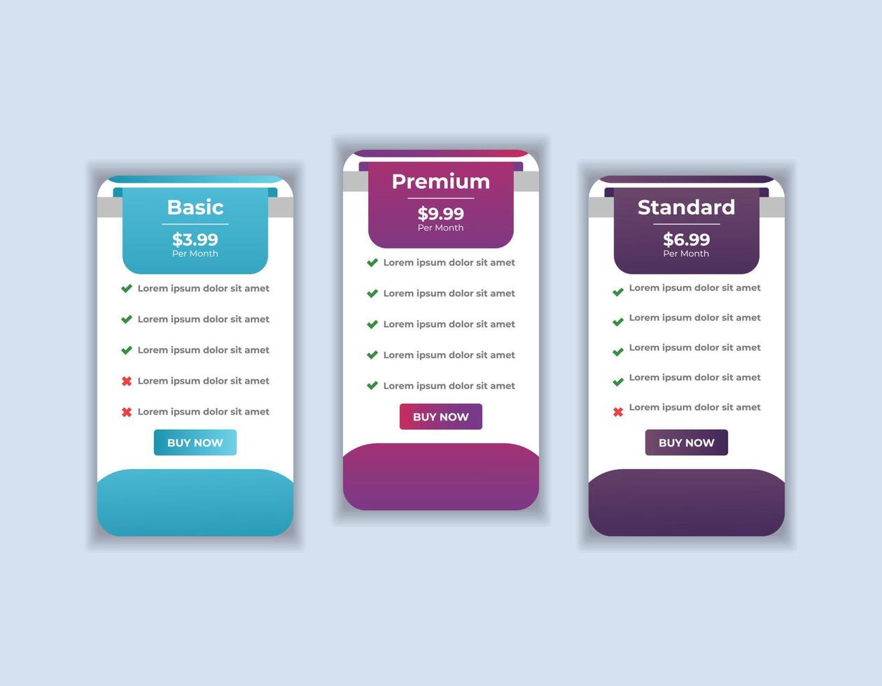 Modern web pricing table, pricing comparison chart subscription plan option layout design template vector