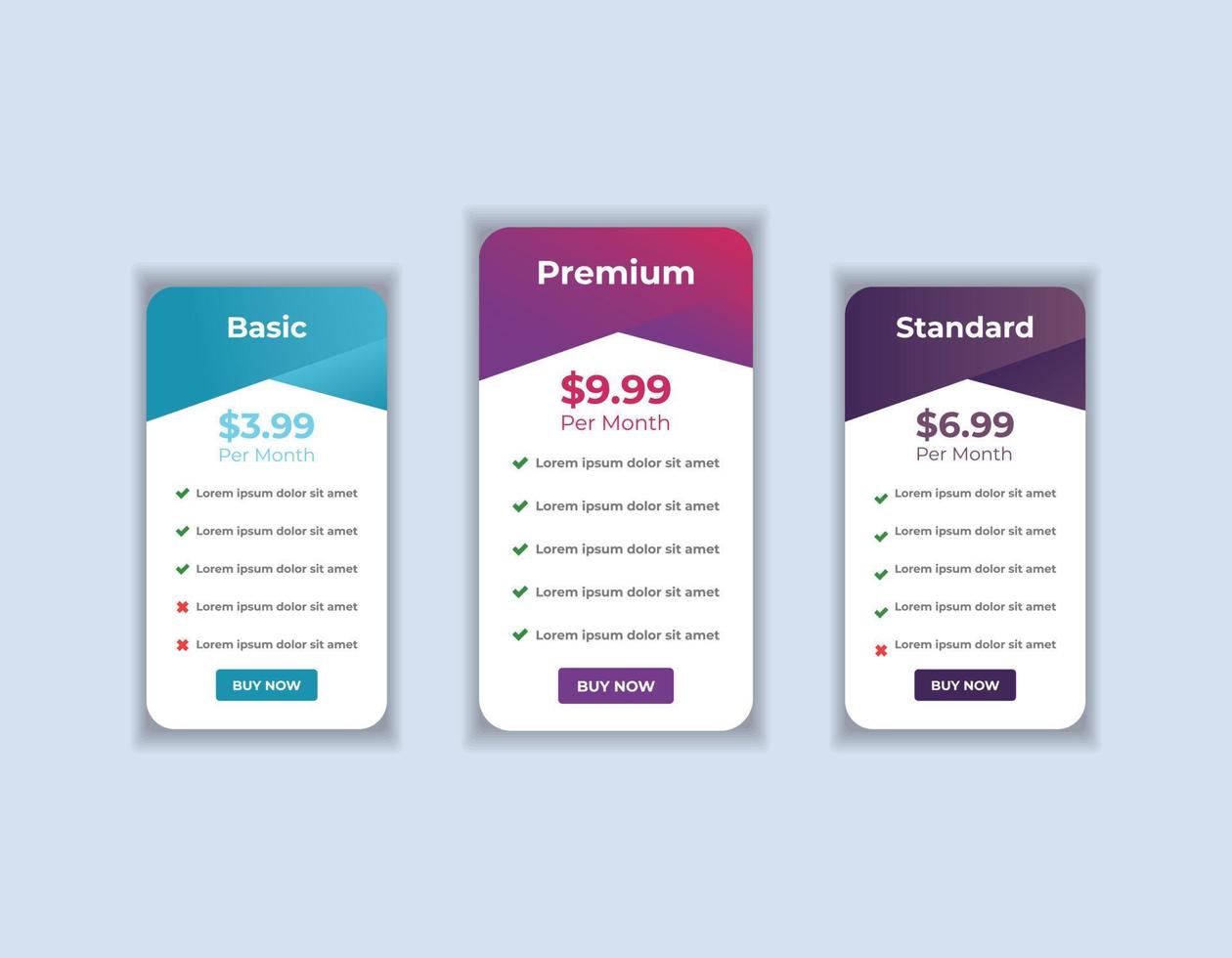Modern web pricing table, pricing comparison chart subscription plan option layout design template vector