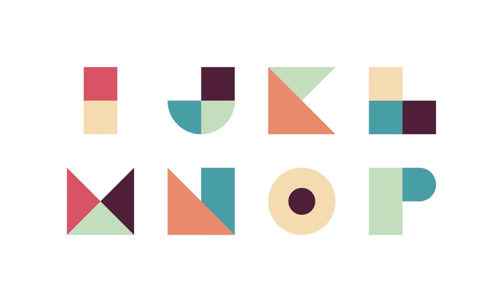 alfabeto geométrico y tipo de letra abstracto moderno con números, signos de puntuación, carácter tipográfico colorido estilizado, ilustración vectorial plana alfabética. vector
