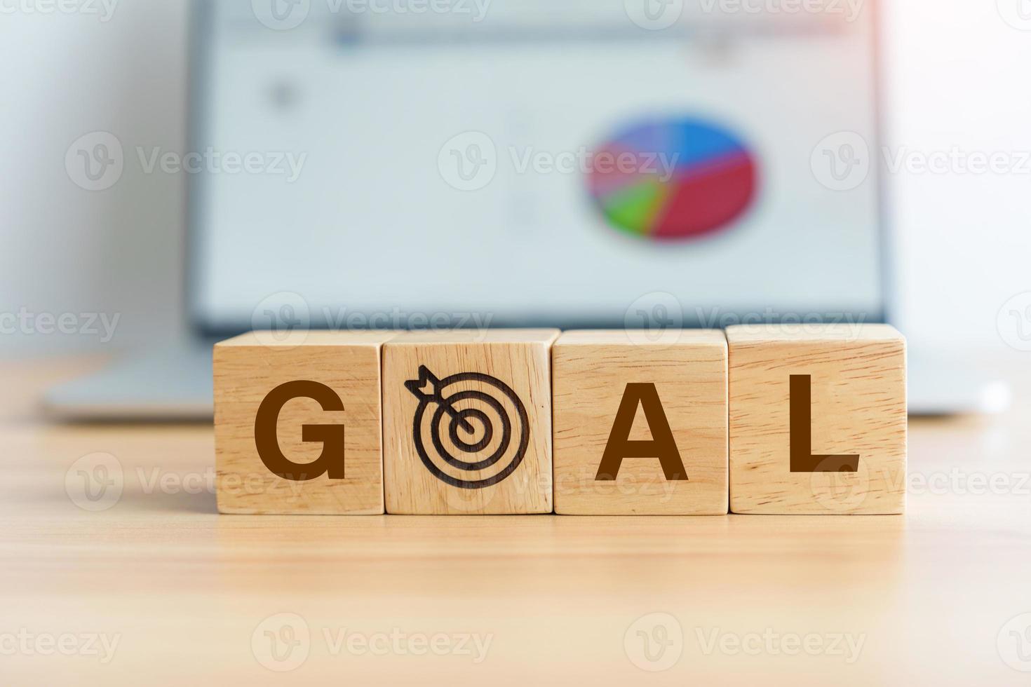 OAL block with dartboard icon against computer laptop background. Business Goal, Target, Objective, strategy, plan, Action motivation, mission and process concepts photo