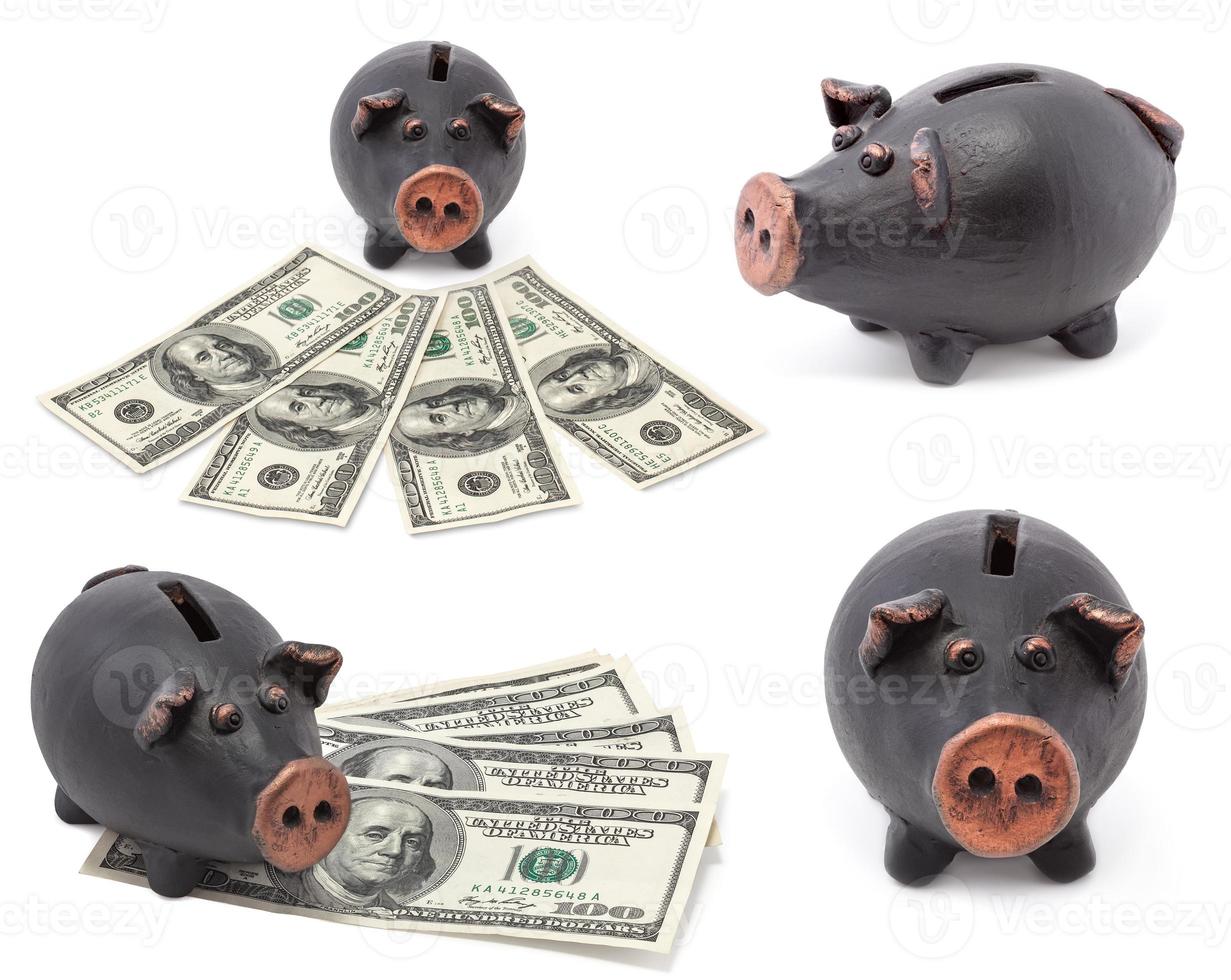 Money and black piggy bank photo