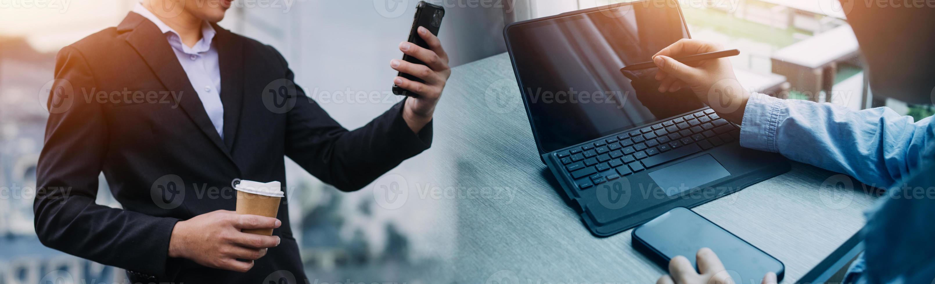 Businessman using mobile smart phone. Business global internet connection application technology and digital marketing, Financial and banking, Digital link tech, big data. photo