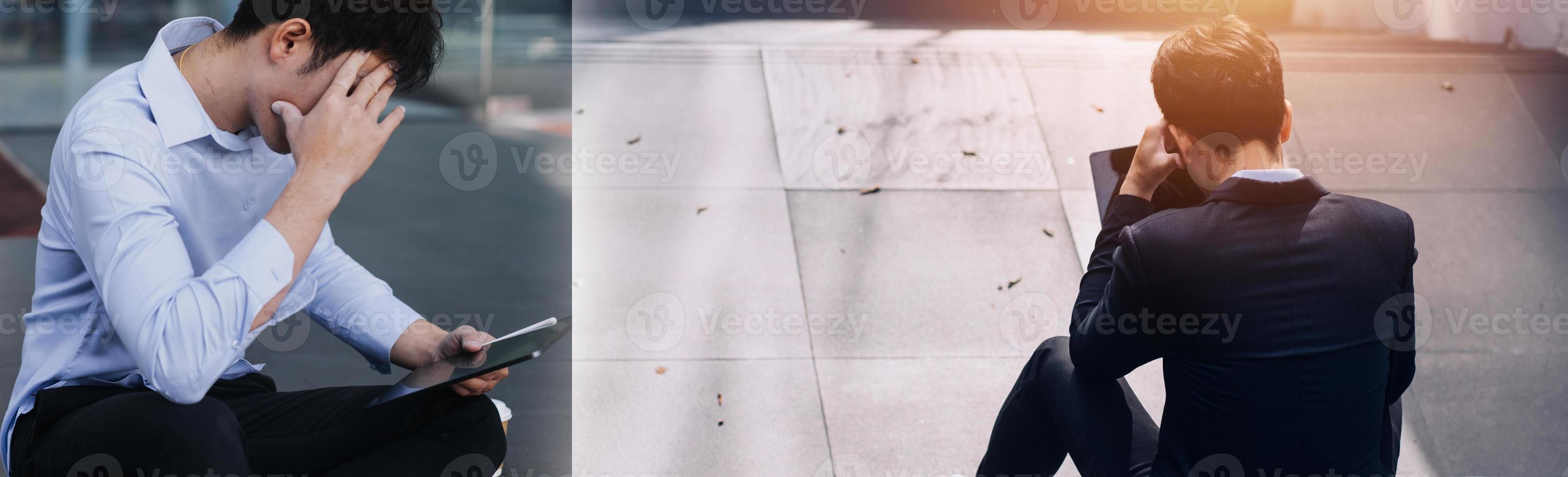 Young business man crying abandoned lost in depression sitting on ground street concrete stairs suffering emotional pain, sadness, looking sick in grunge lighting photo