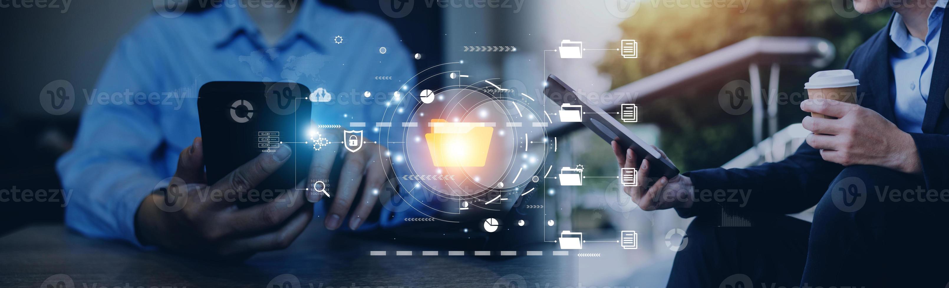 IT staff working with Document Management System DMS, online documentation database and process automation to efficiently manage files, Corporate business technology. photo
